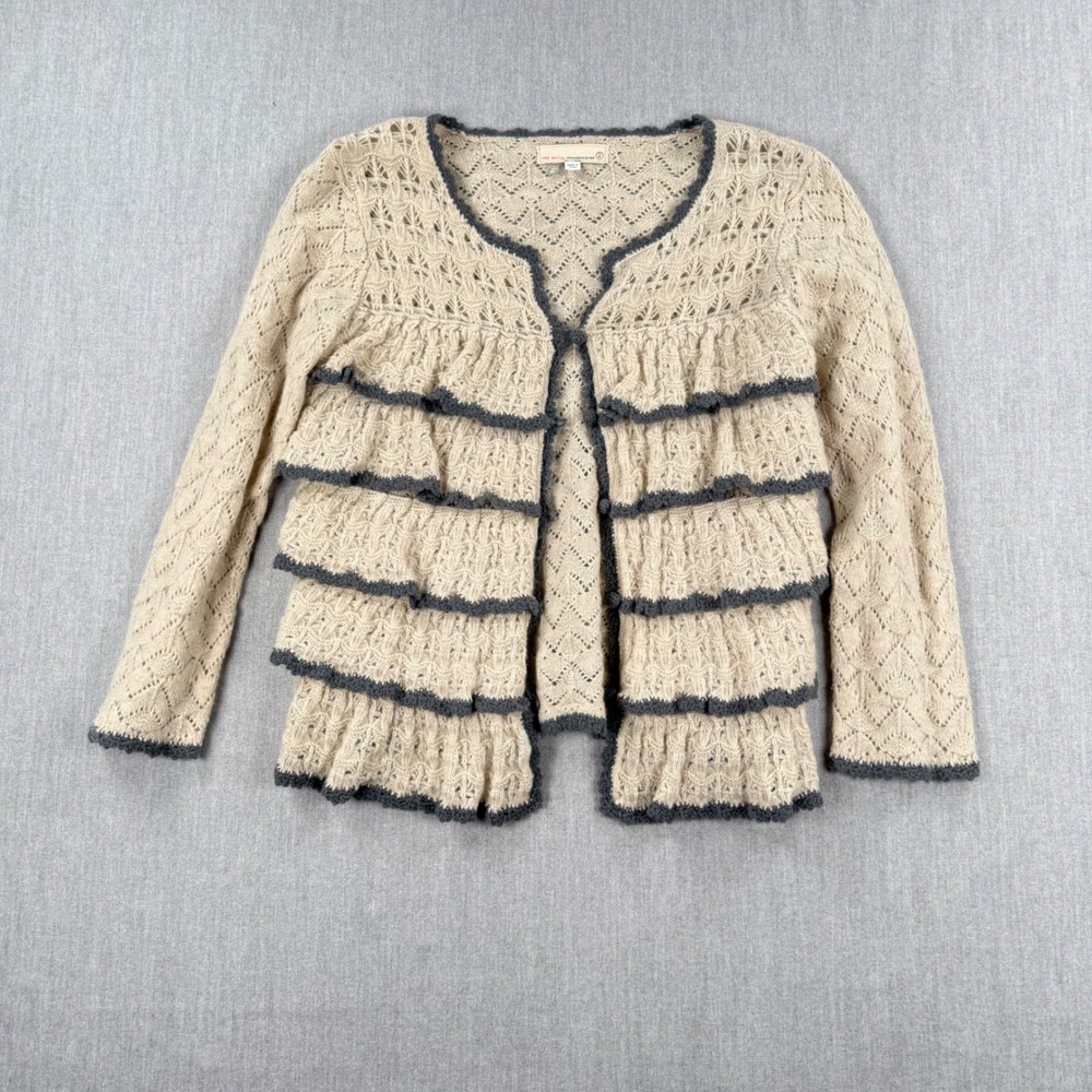 Odd Molly Uncorporated Cream Ruffle Pointelle Lambswool Knit Cardigan Size 2